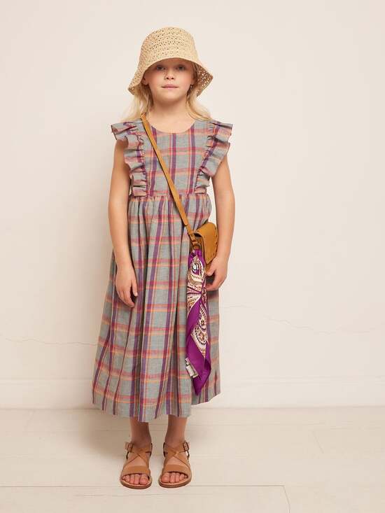 Worn Once Bonpoint Carole Checked Linen Dress ruffled shoulder straps. Size 6